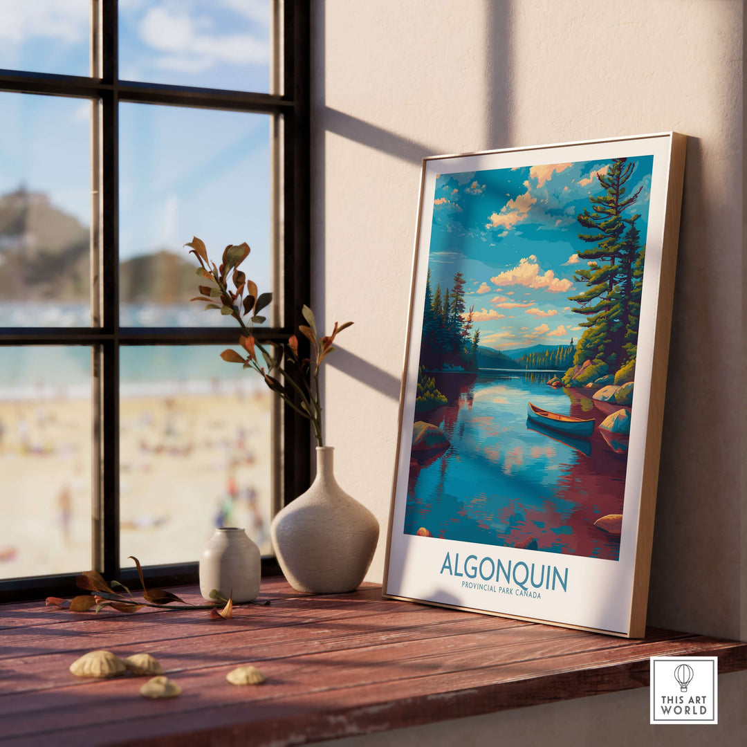 Algonquin Provincial Park Lake Canoe Art Print | Canada Wilderness Poster on a wooden table by the window.
