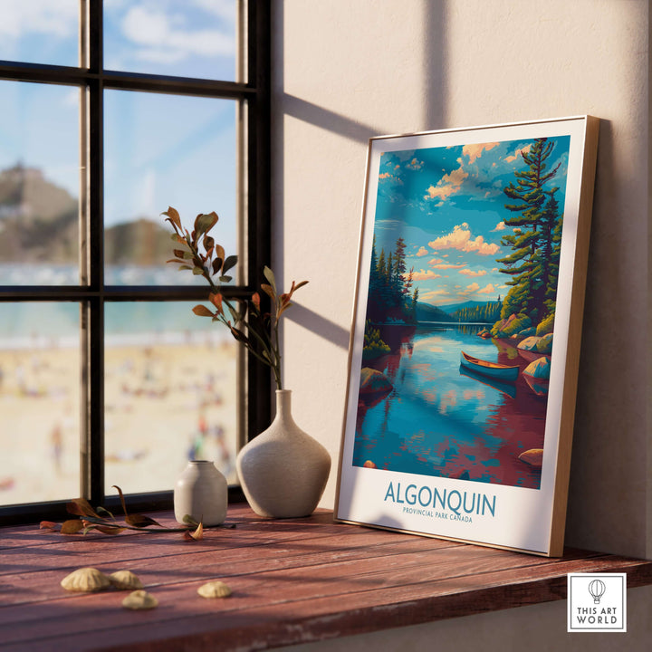 Algonquin Provincial Park Lake Canoe Art Print | Canada Wilderness Poster on a wooden table by the window.