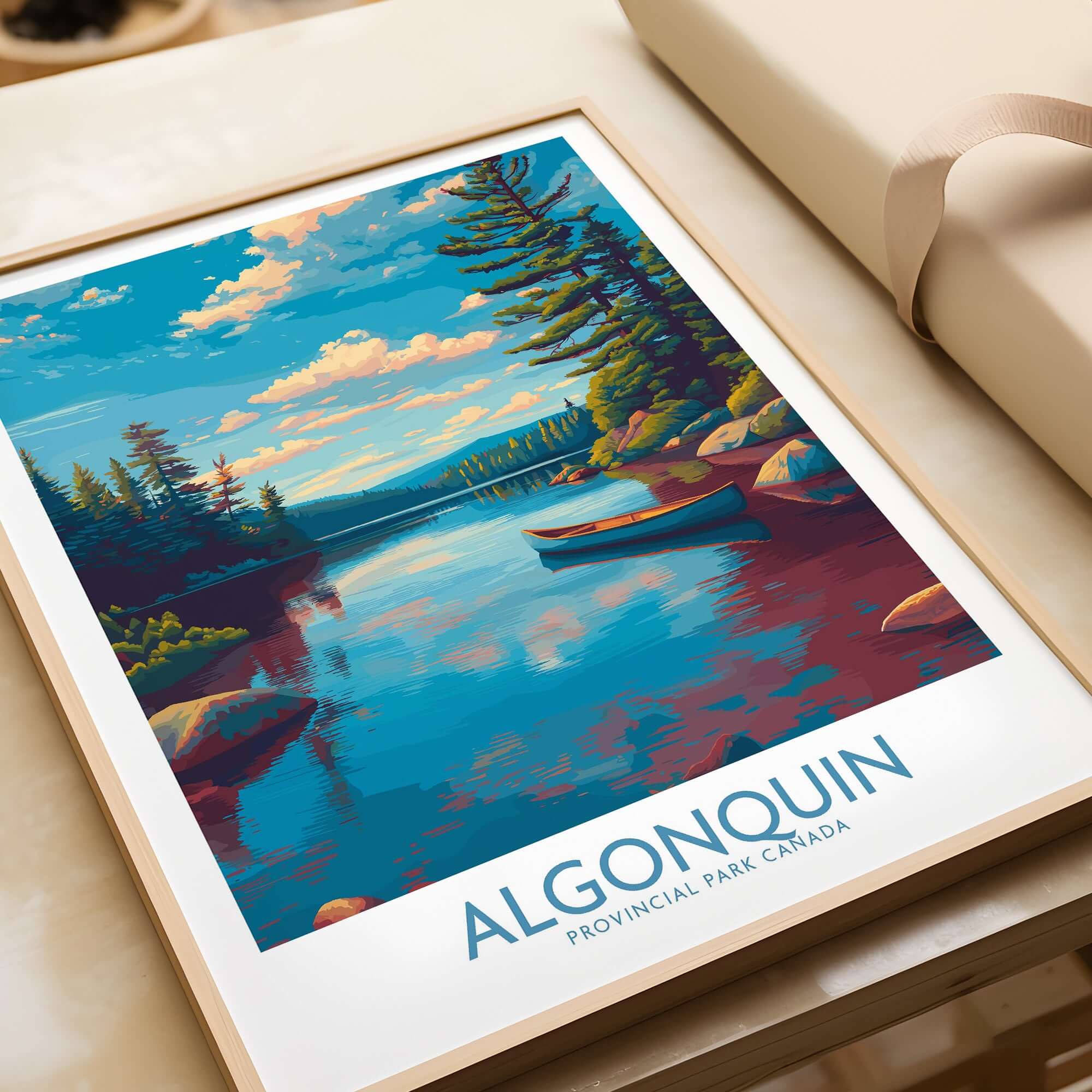 Algonquin Provincial Park Lake Canoe Art Print | Canada Wilderness Poster depicting a tranquil lake scene with a canoe.