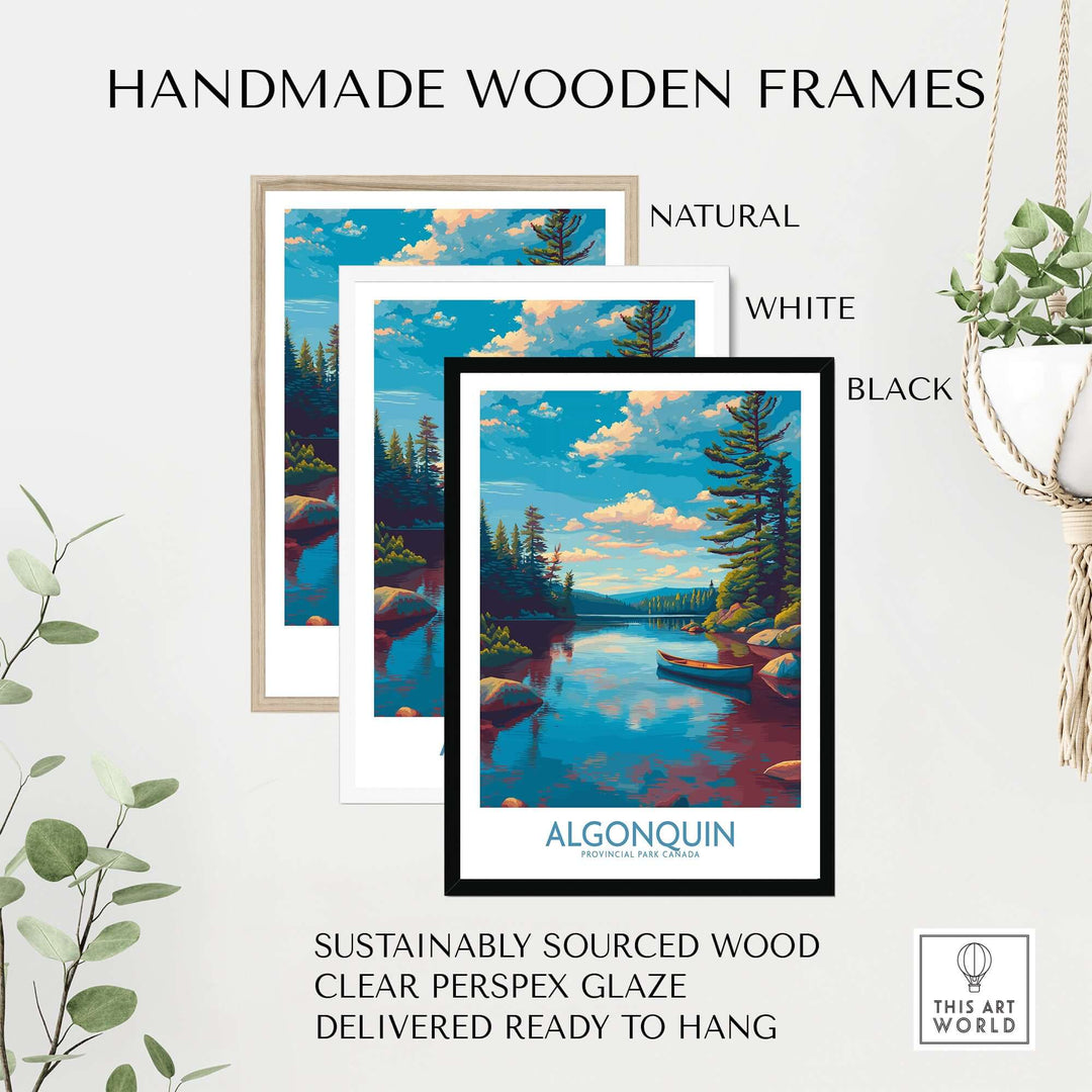 Algonquin Provincial Park Lake Canoe Art Print | Canada Wilderness Poster in handmade wooden frames, showcasing natural, white, and black options.