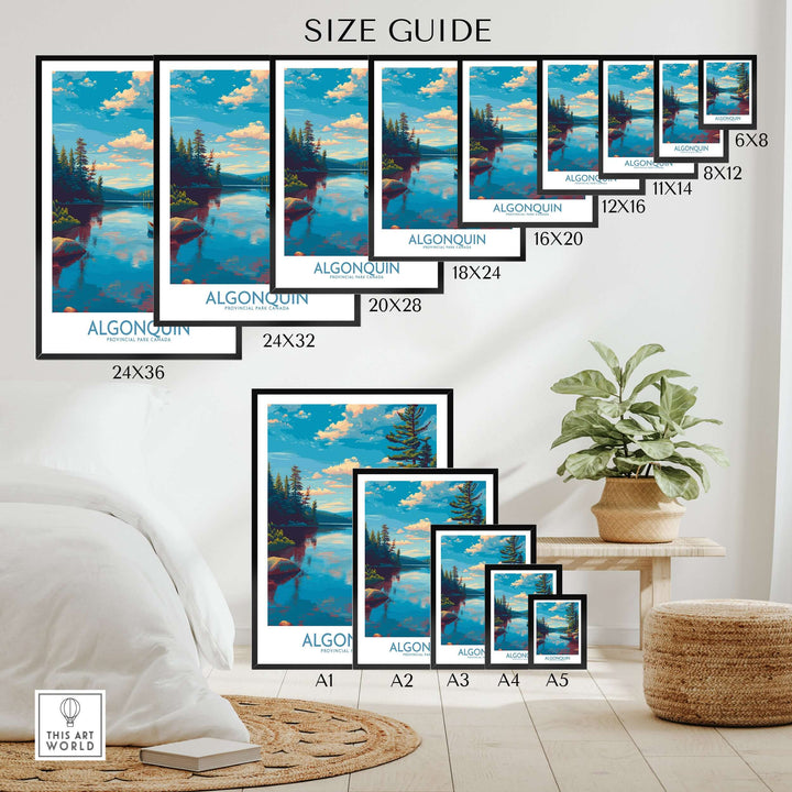 Algonquin Provincial Park Lake Canoe Art Print | Canada Wilderness Poster size guide showcasing various frame sizes in a home setting.