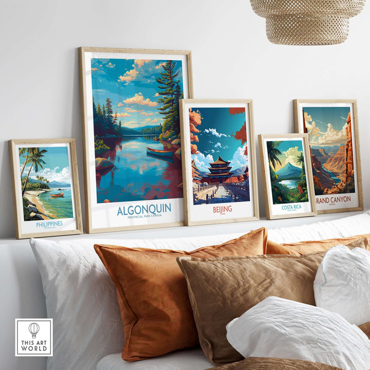 Algonquin Provincial Park Lake Canoe Art Print | Canada Wilderness Poster displayed among other travel art prints.