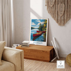 Algonquin Provincial Park Red Canoes Print | Canada Forest Lake Poster displayed in a cozy living room setting.