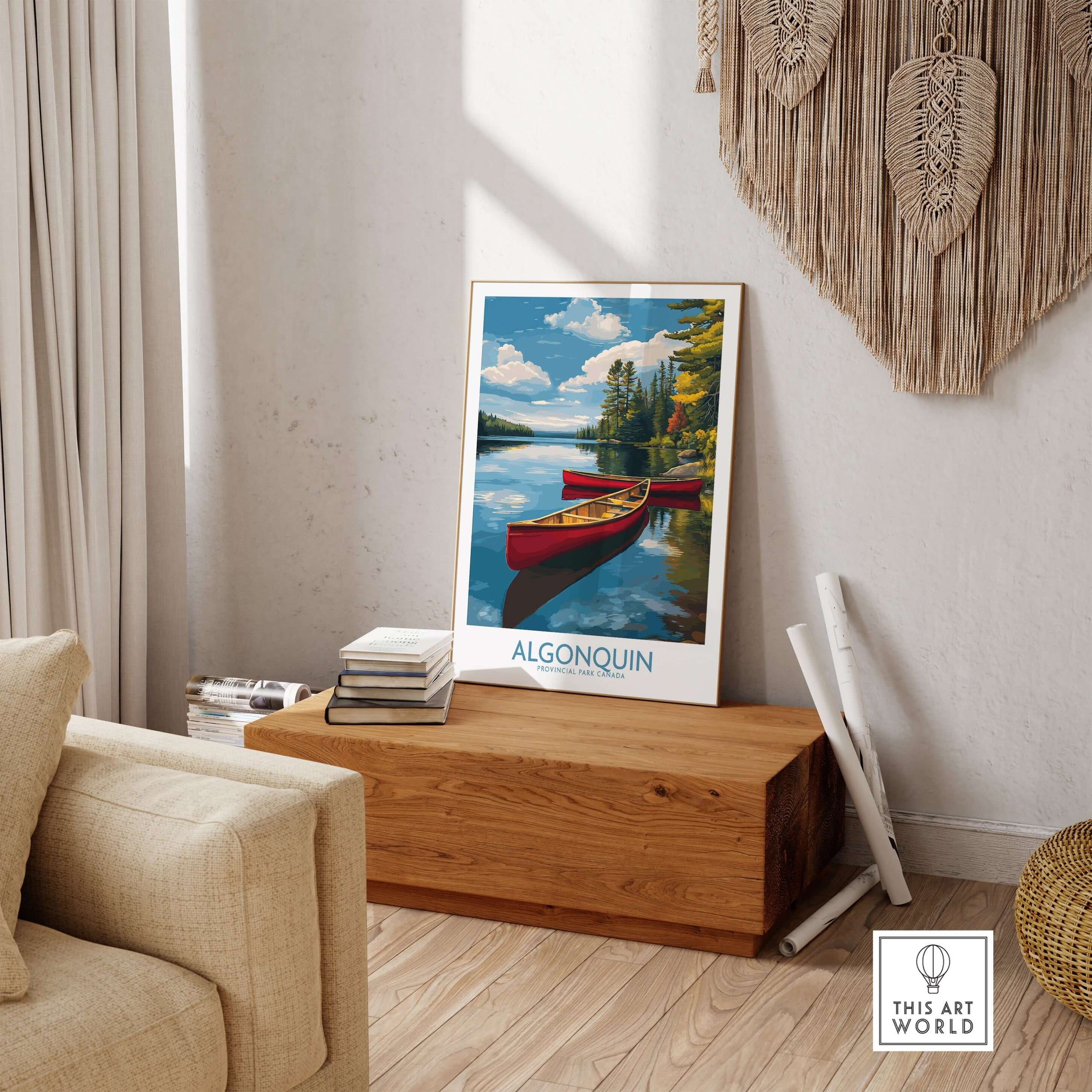 Algonquin Provincial Park Red Canoes Print | Canada Forest Lake Poster displayed in a cozy living room setting.