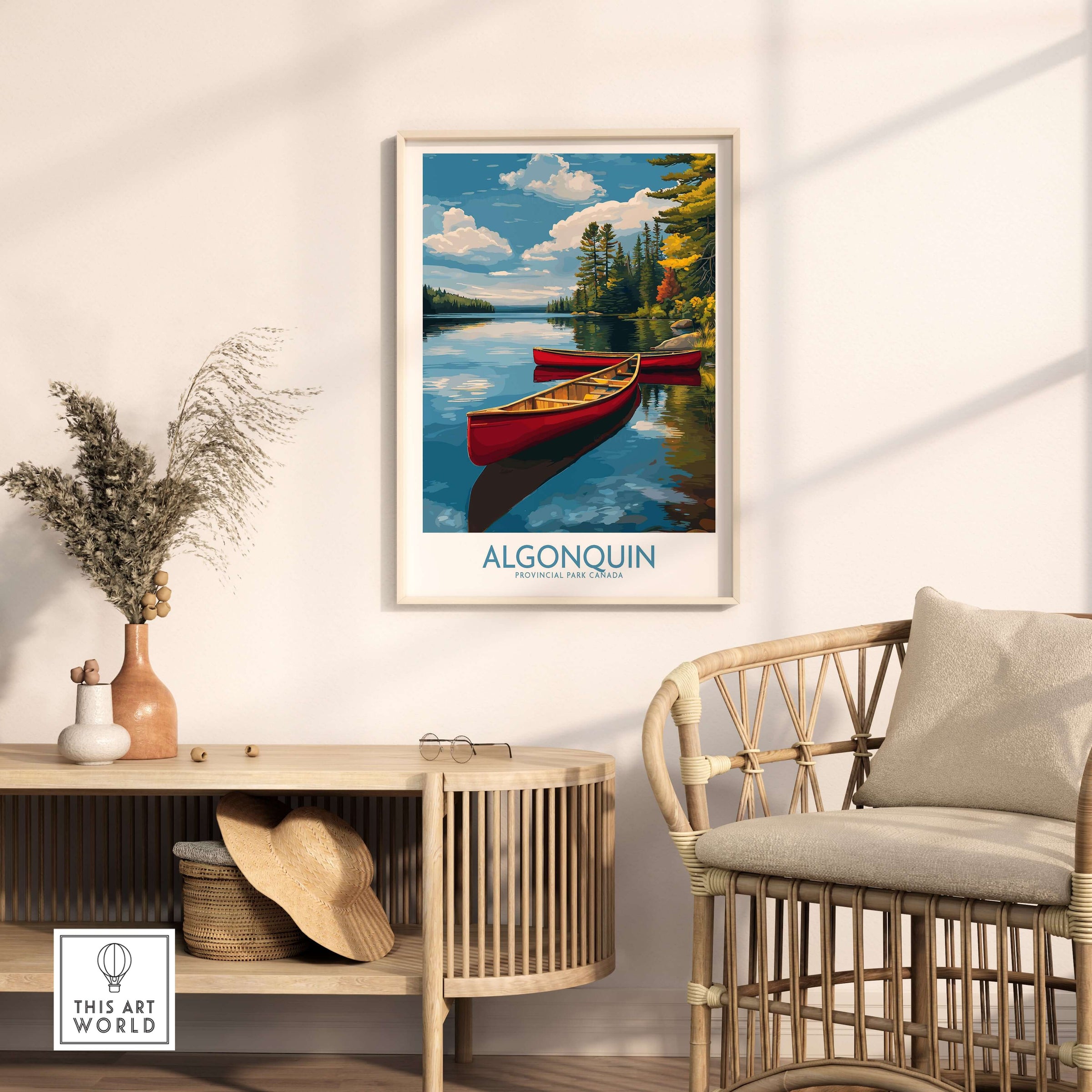 Algonquin Provincial Park Red Canoes Print | Canada Forest Lake Poster displayed in a stylish living room.
