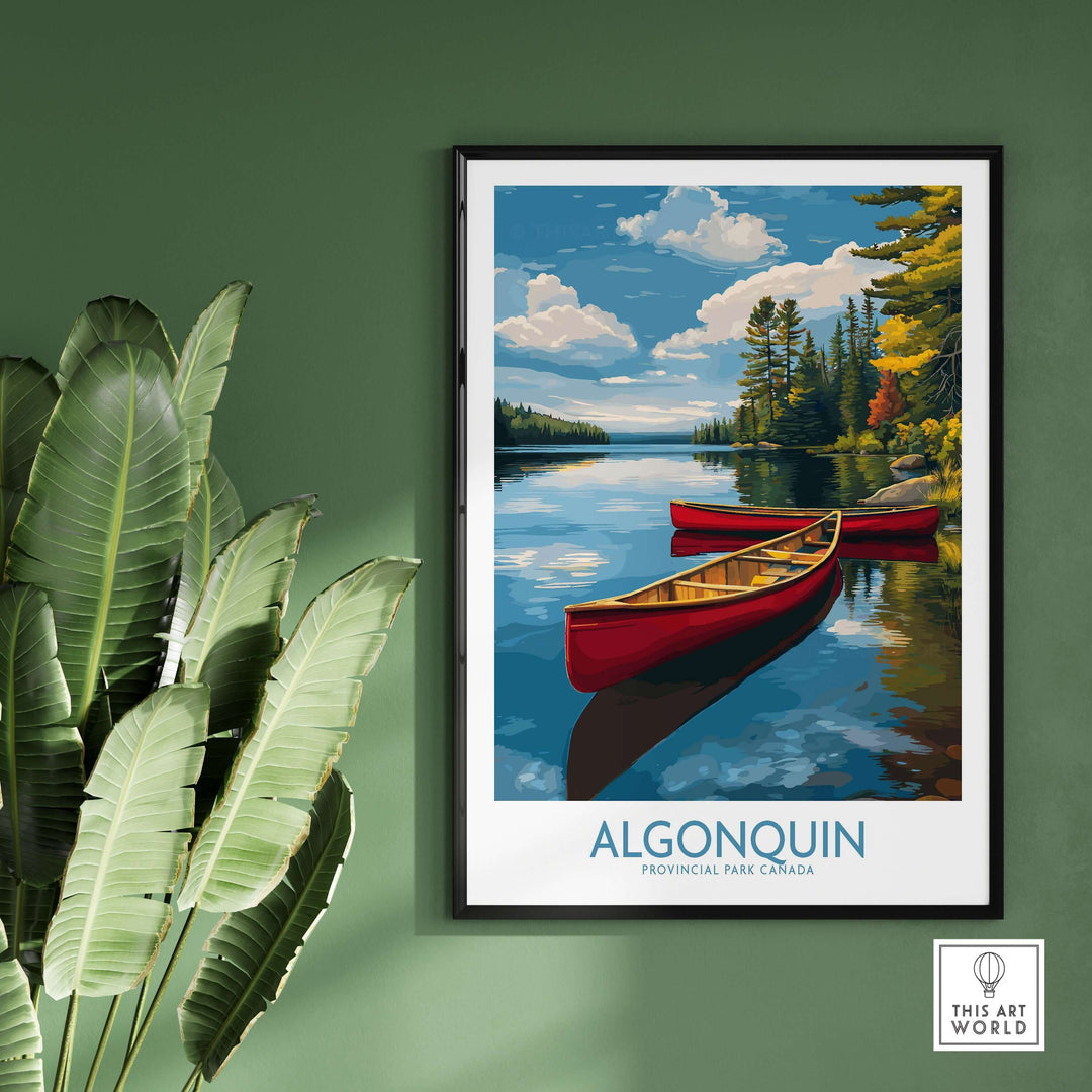 Algonquin Provincial Park Red Canoes Print | Canada Forest Lake Poster with vibrant red canoes on tranquil water.