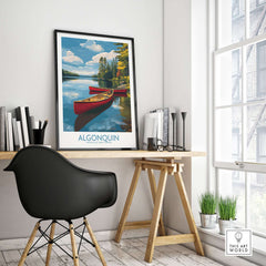 Algonquin Provincial Park Red Canoes Print | Canada Forest Lake Poster displayed in a modern room setting with stylish furniture.
