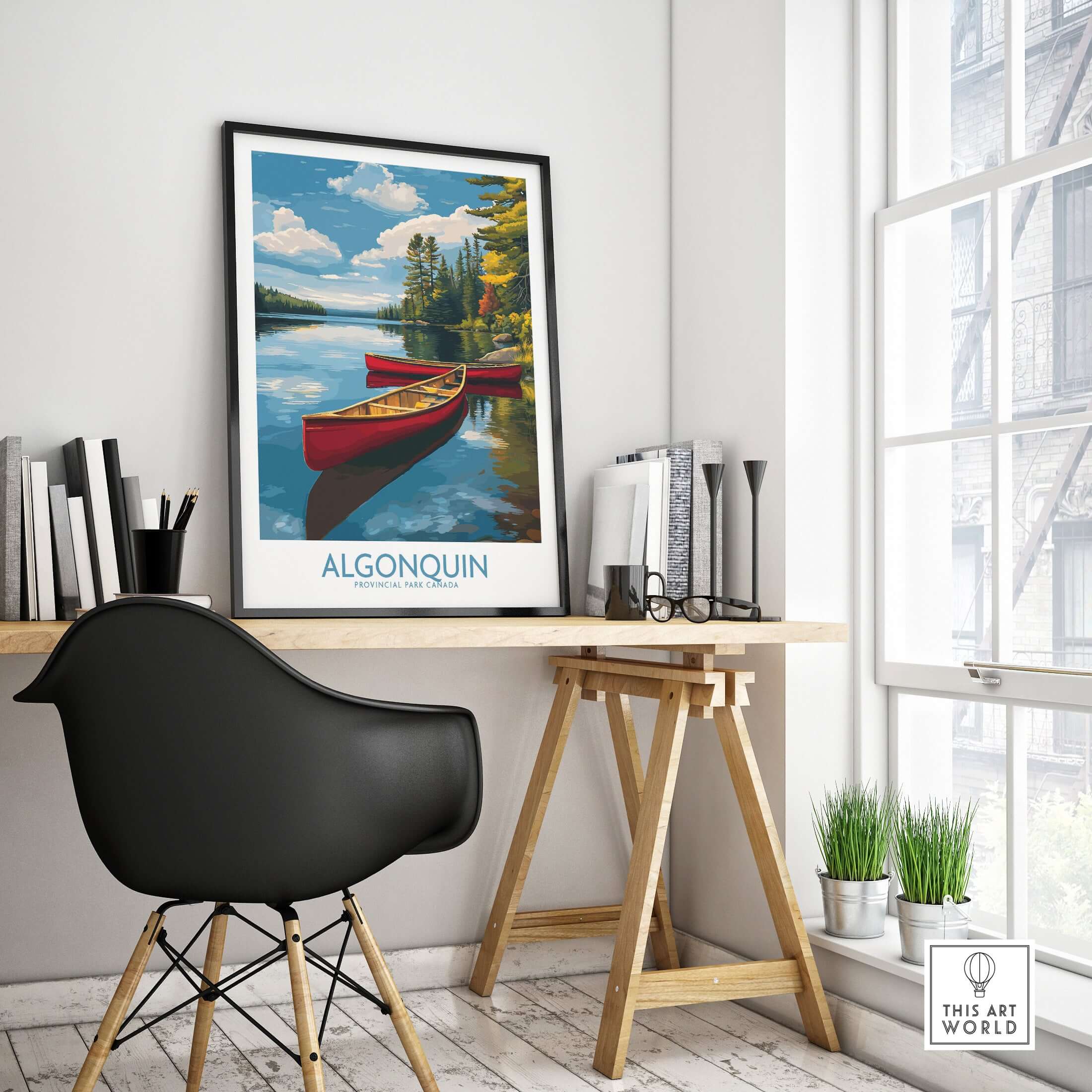 Algonquin Provincial Park Red Canoes Print | Canada Forest Lake Poster displayed in a modern room setting with stylish furniture.