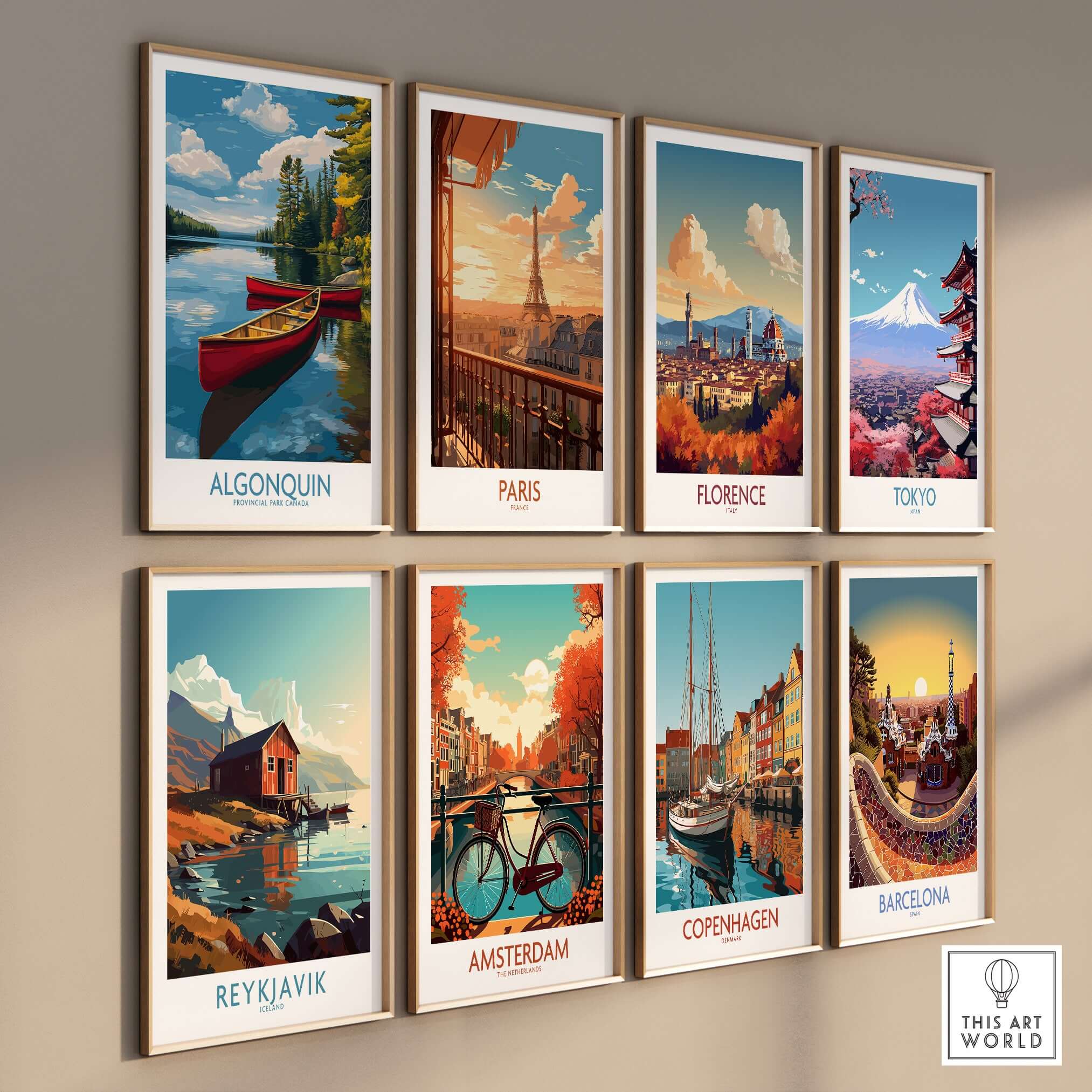 Algonquin Provincial Park Red Canoes Print | Canada Forest Lake Poster displayed with other travel art prints.