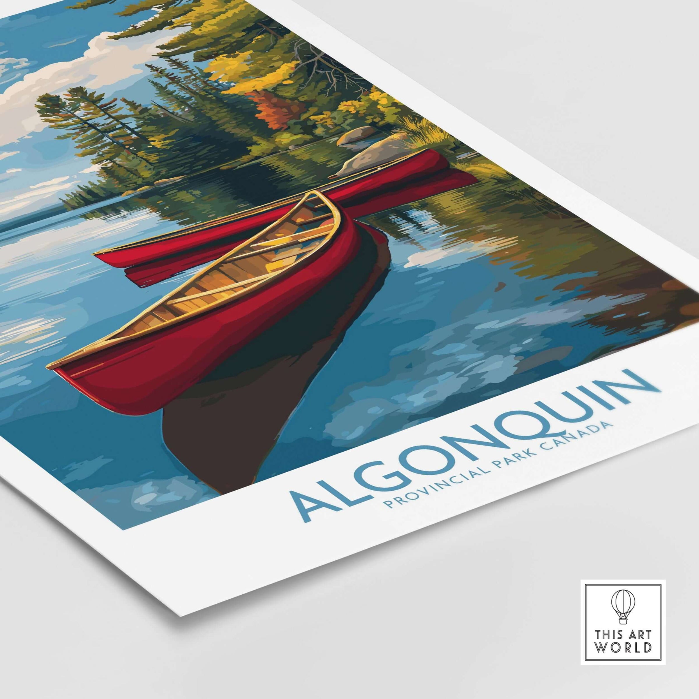 Algonquin Provincial Park Red Canoes Print | Canada Forest Lake Poster showcasing vibrant canoes in tranquil lake setting.