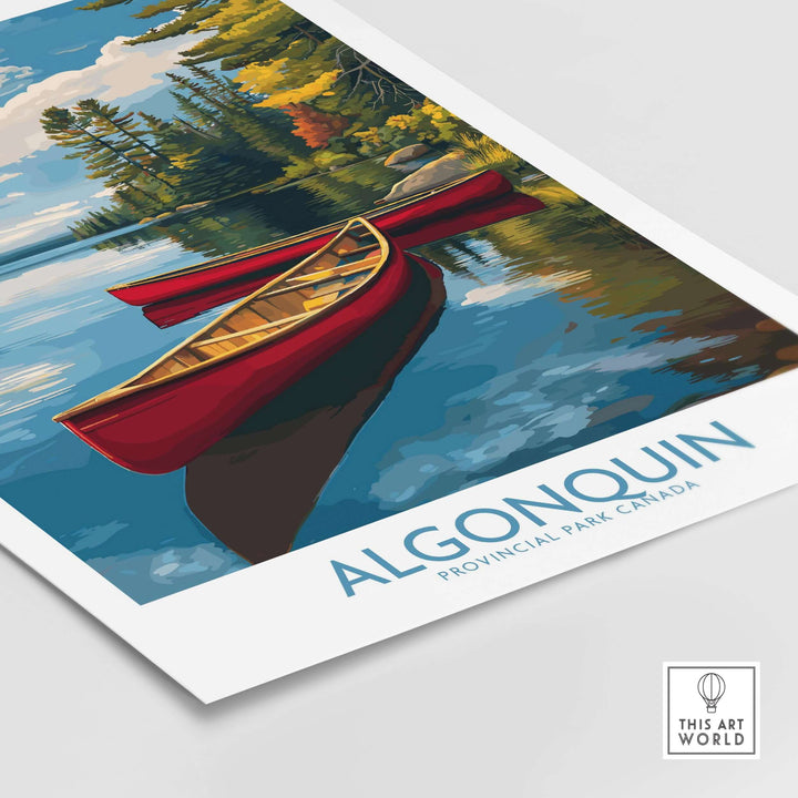 Algonquin Provincial Park Red Canoes Print | Canada Forest Lake Poster featuring vibrant red canoes reflecting in serene waters.