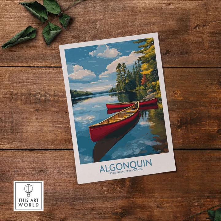Algonquin Provincial Park Red Canoes Print | Canada Forest Lake Poster featuring vibrant red canoes on a serene lake.