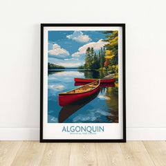 Algonquin Provincial Park Red Canoes Print | Canada Forest Lake Poster showcasing vibrant red canoes on a tranquil lake.