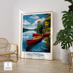 Algonquin Provincial Park Red Canoes Print | Canada Forest Lake Poster featuring red canoes on a tranquil lake.