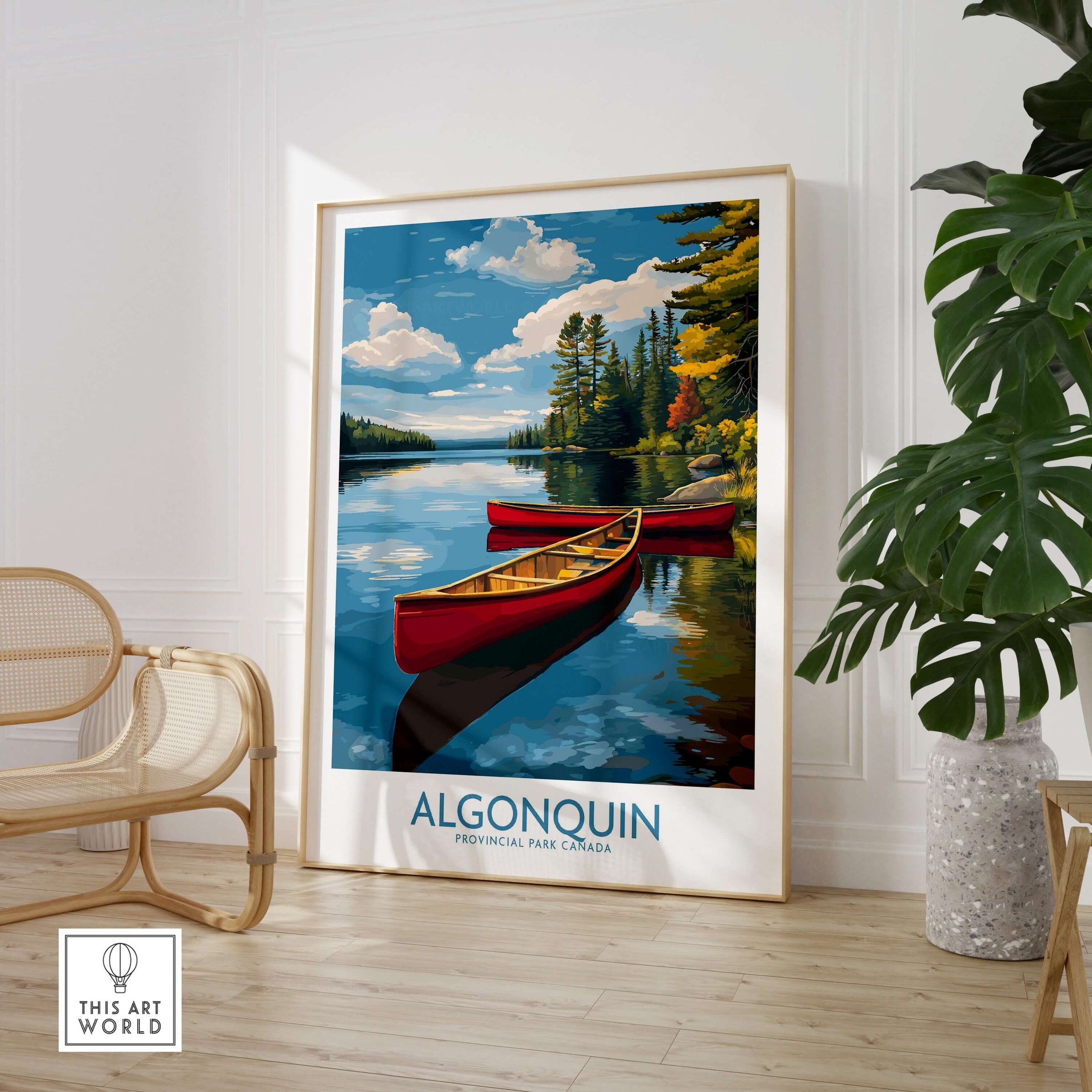Algonquin Provincial Park Red Canoes Print | Canada Forest Lake Poster featuring red canoes on a tranquil lake.