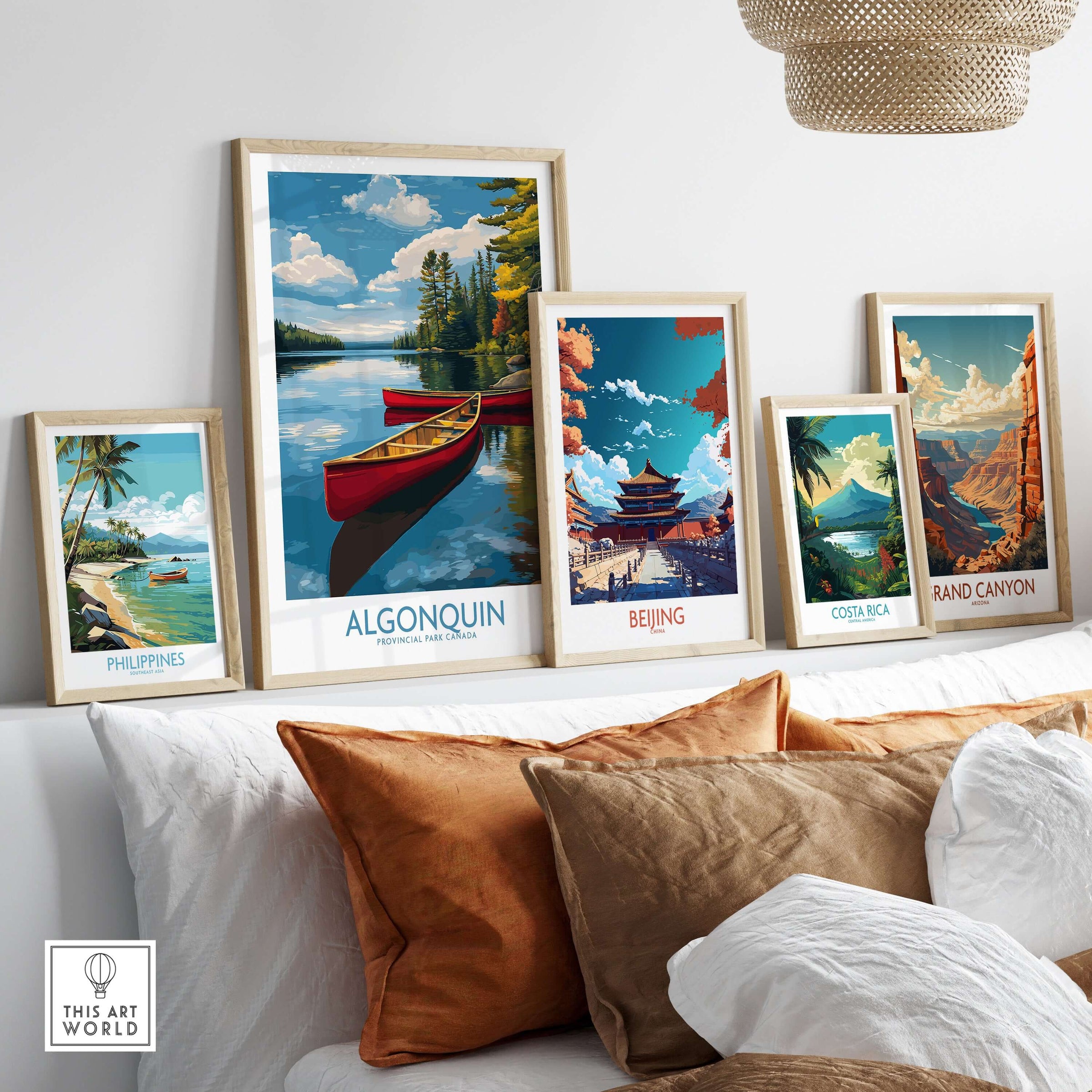 Algonquin Provincial Park Red Canoes Print | Canada Forest Lake Poster displayed in a stylish home setting with other travel prints.