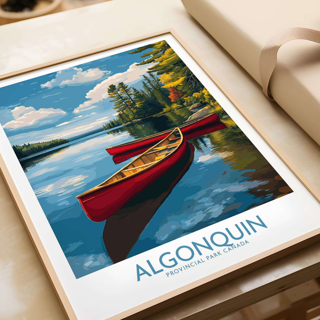 Algonquin Provincial Park Red Canoes Print | Canada Forest Lake Poster featuring red canoes on a tranquil forest lake.