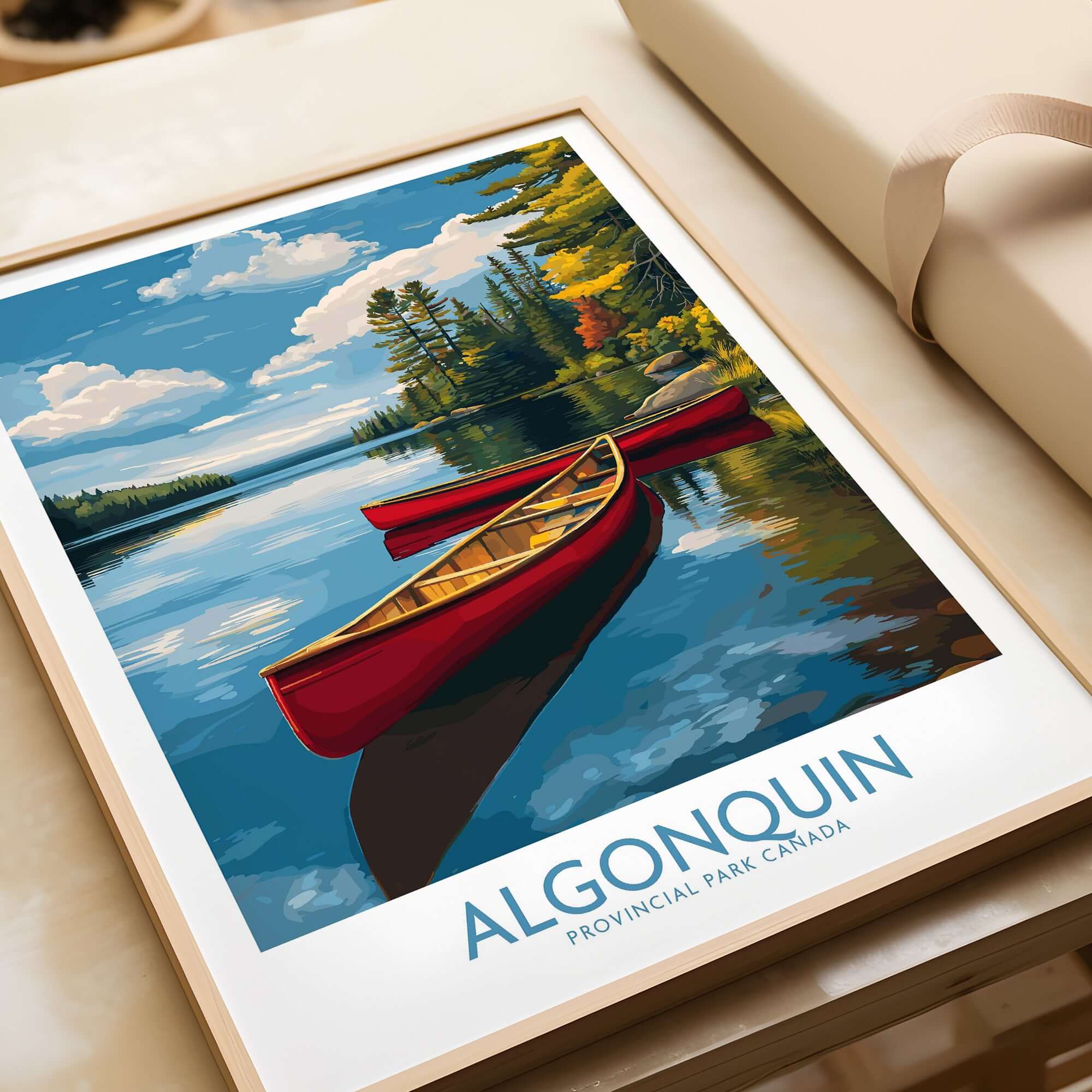 Algonquin Provincial Park Red Canoes Print | Canada Forest Lake Poster showcasing red canoes on a serene forest lake.