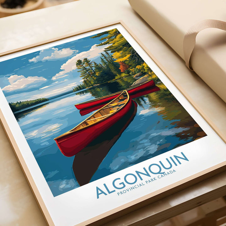 Algonquin Provincial Park Red Canoes Print | Canada Forest Lake Poster featuring red canoes on a tranquil forest lake.