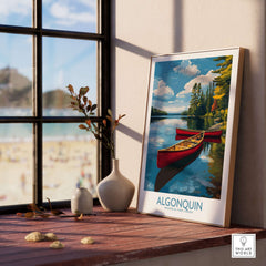 Algonquin Provincial Park Red Canoes Print | Canada Forest Lake Poster displayed in a sunny room with a view.
