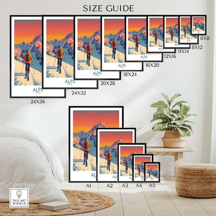 Alps Poster France size guide, vibrant ski artwork for home or office decor, available in multiple dimensions from 6x8 to 24x36 inches