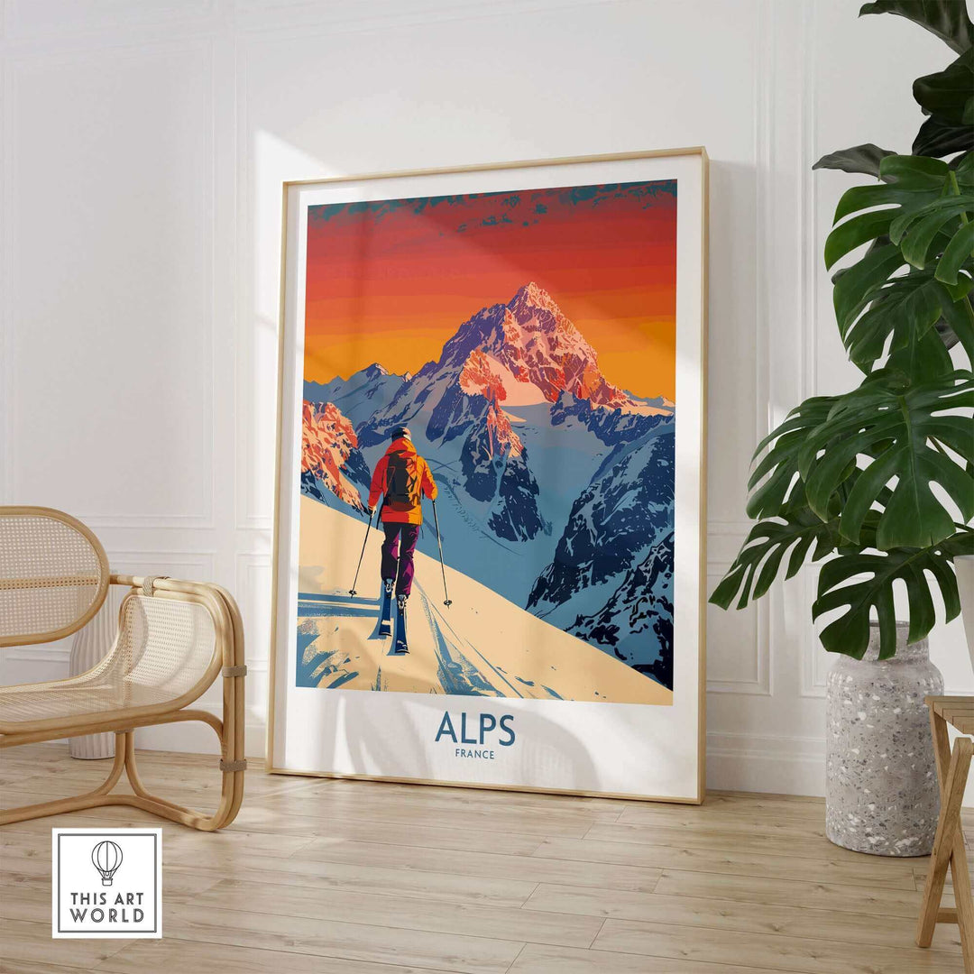 Vibrant Alps Poster France featuring skier on snowy peaks, perfect for ski enthusiasts' home or office decor.