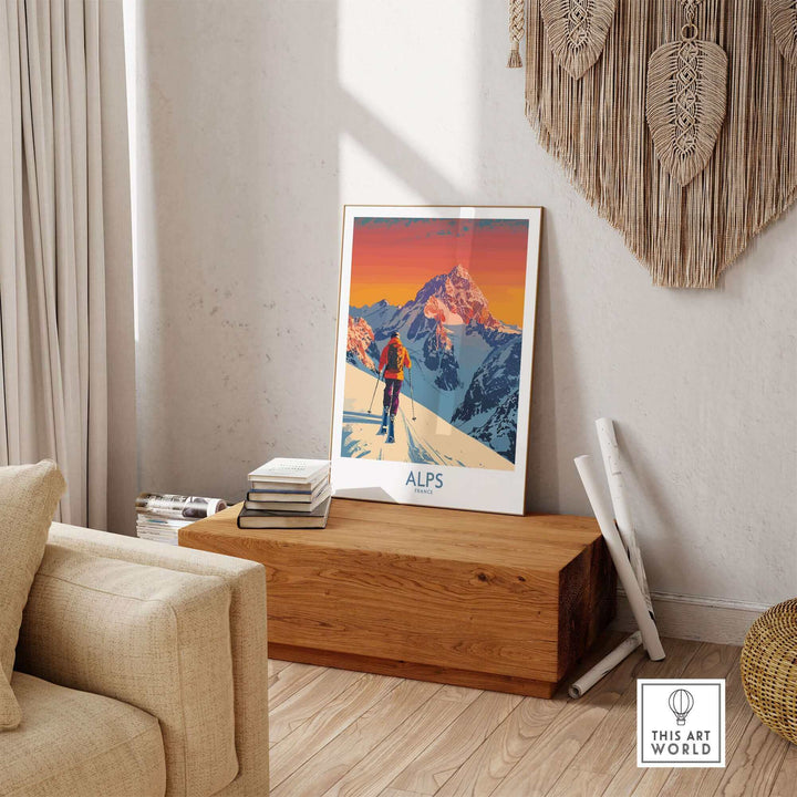 Alps Poster France with vibrant sunset over snowy peaks, perfect for ski enthusiasts' homes or offices.