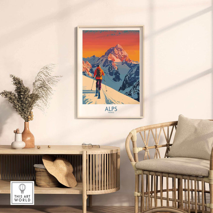 Vibrant Alps Poster featuring skier and snowy peaks, perfect for adventure seekers or ski enthusiasts, displayed in a cozy room.