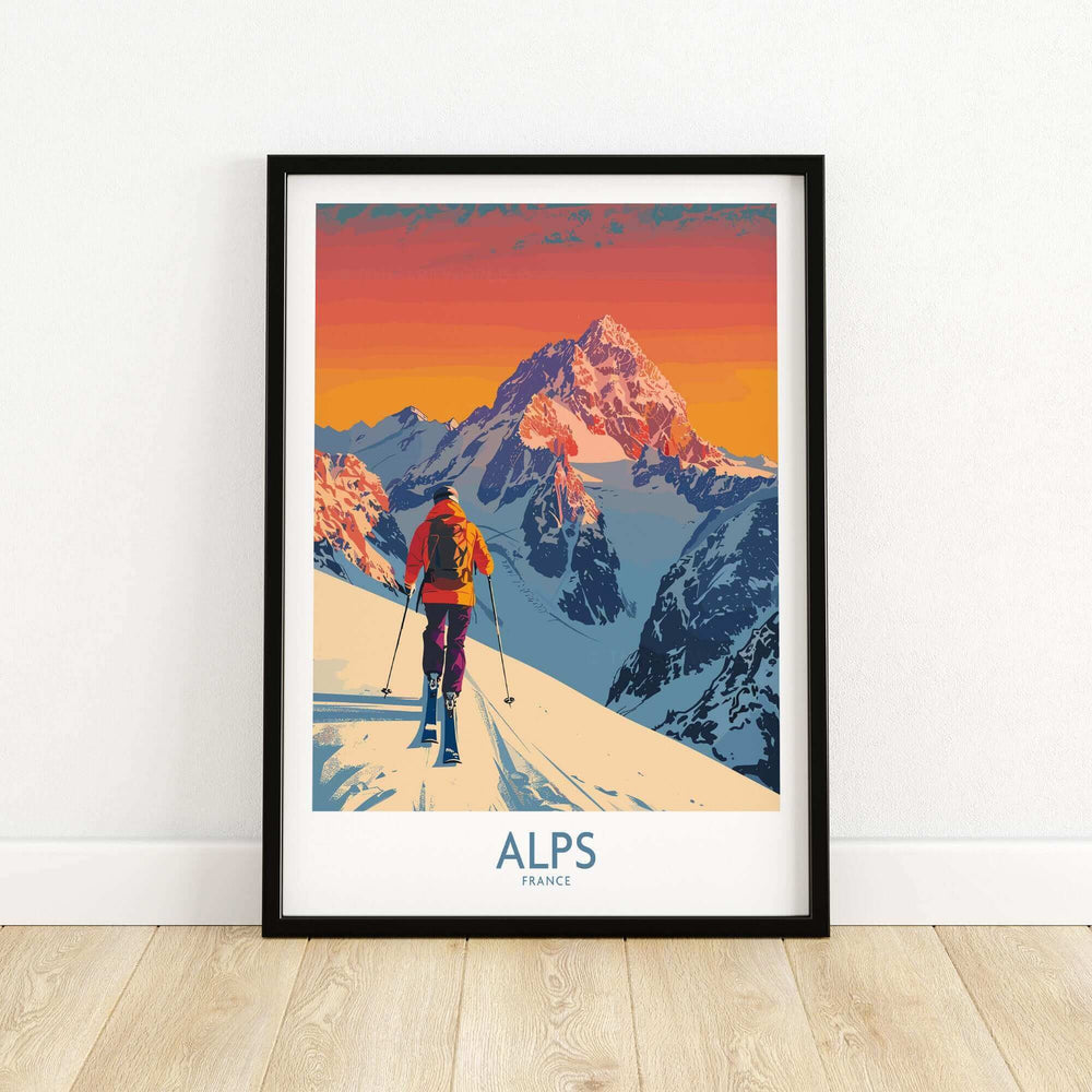 Vibrant Alps Poster France featuring a skier on snowy peaks, perfect for ski enthusiasts and home decor.