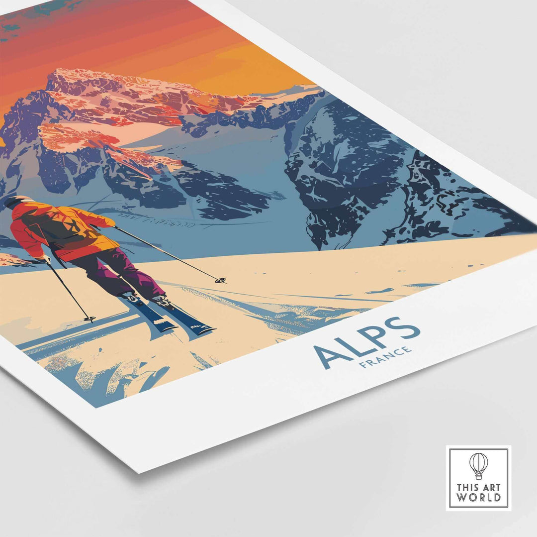 Vibrant Alps skiing poster featuring a skier on snowy peaks in France, perfect for ski enthusiasts and home decor.