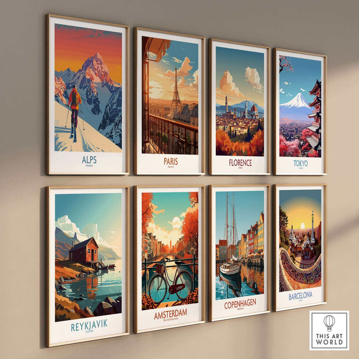 Wall display of travel posters including Alps, Paris, Florence, Tokyo, Reykjavik, Amsterdam, Copenhagen, and Barcelona.