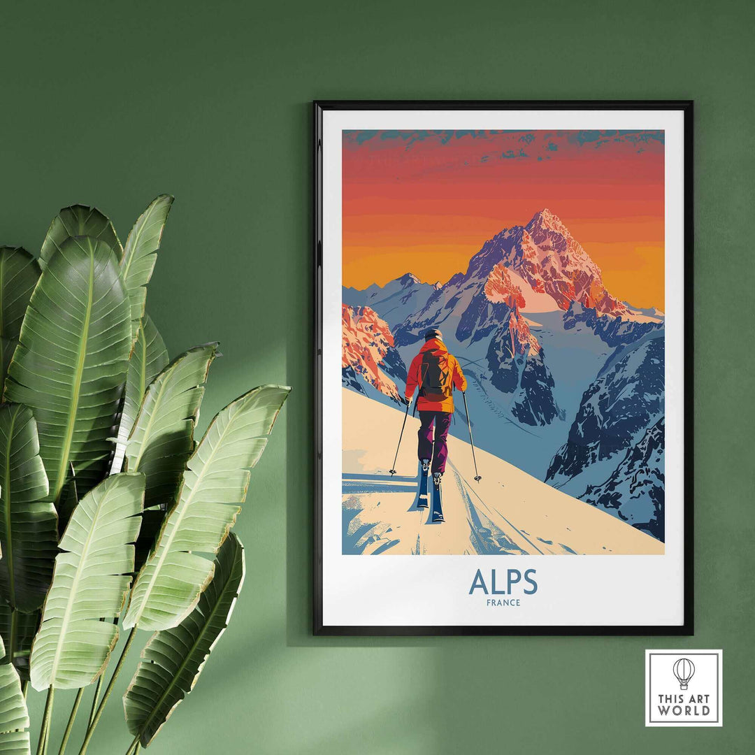 Vibrant Alps Poster France featuring skier on snowy peaks, perfect for ski enthusiasts and home decor.