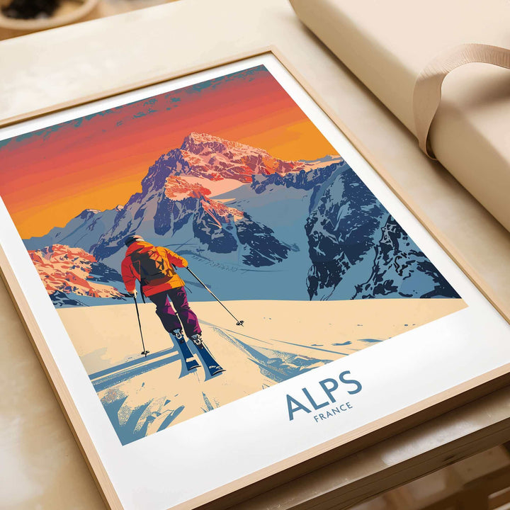 Alps Poster France featuring vibrant ski scene with snowy peaks, perfect for ski enthusiasts and adventure seekers.