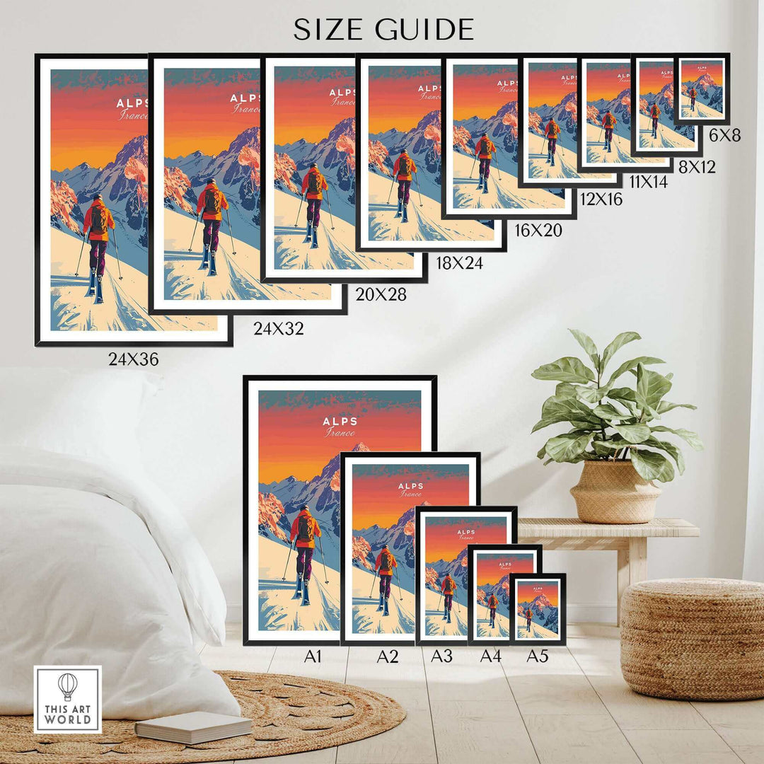 Alps Print France ski poster size guide featuring vibrant colors and stunning mountain scenery for home or office decor.