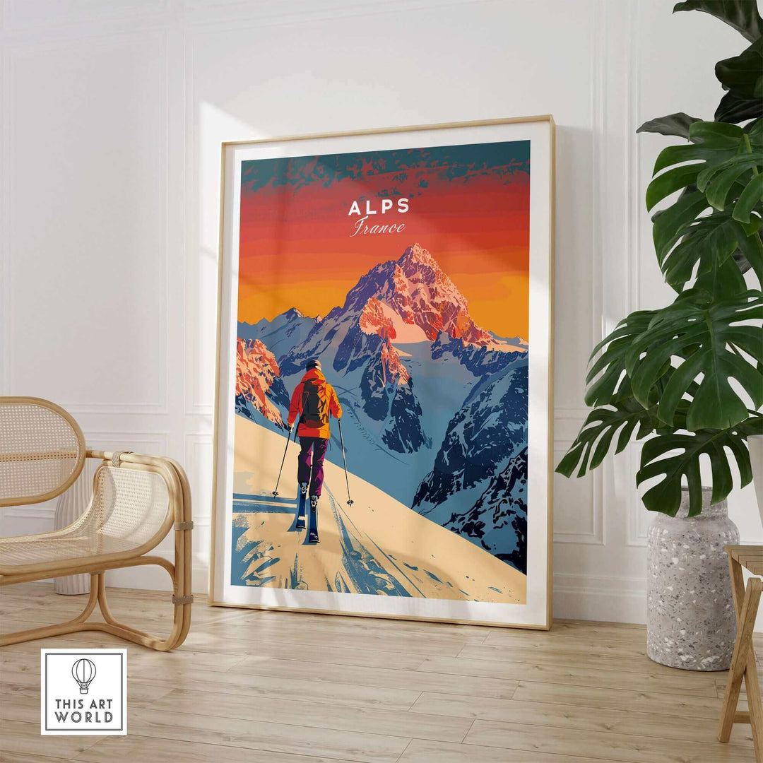 Vibrant ski poster of French Alps with skier, snow-capped peaks, and sunset, perfect for home or office decor.