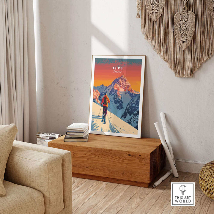 Vibrant Alps Print France ski poster in cozy living room, showcasing stunning mountain scenery and elegant home decor.