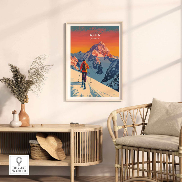 French Alps ski poster with vibrant sunset, skier, and snowy mountains, enhancing home or office decor with elegance and adventure.