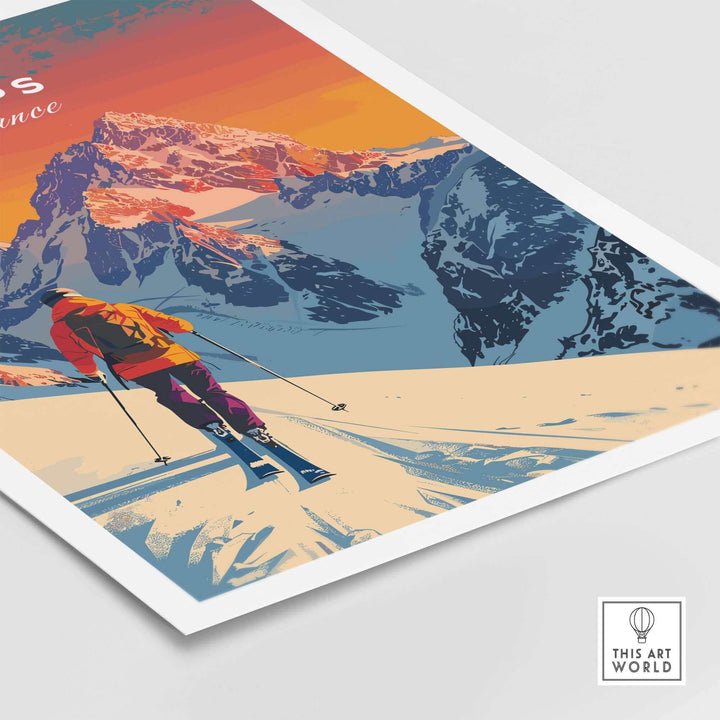 Vibrant Alps Print France ski poster depicting a skier on snowy slopes with stunning mountain backdrop, perfect for home or office decor.