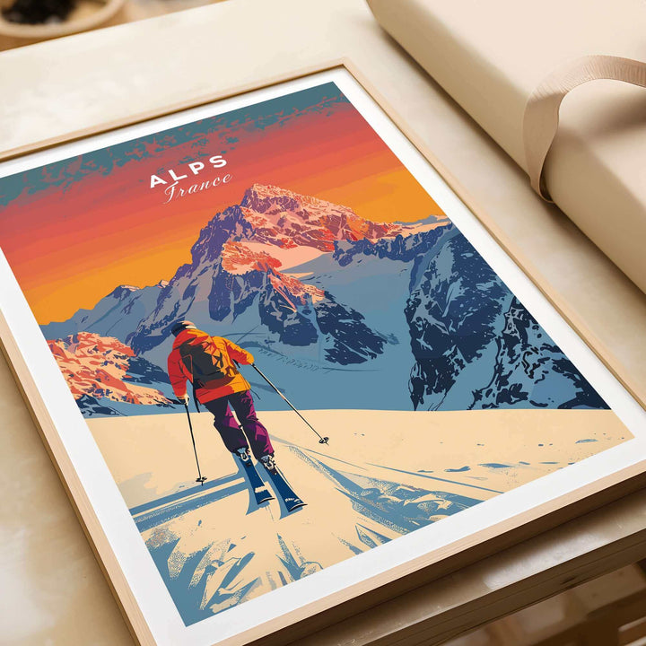 Ski poster Alps Print France showcasing a skier in vibrant colors on the stunning snowy slopes of the French Alps. Perfect for decor.