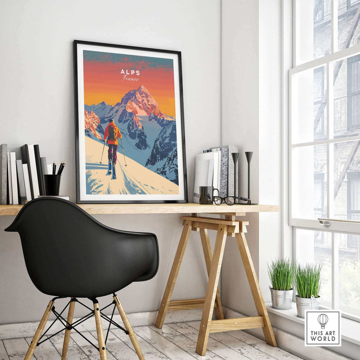 Framed Alps Print France ski poster with vibrant colors displayed in a modern home office setting.