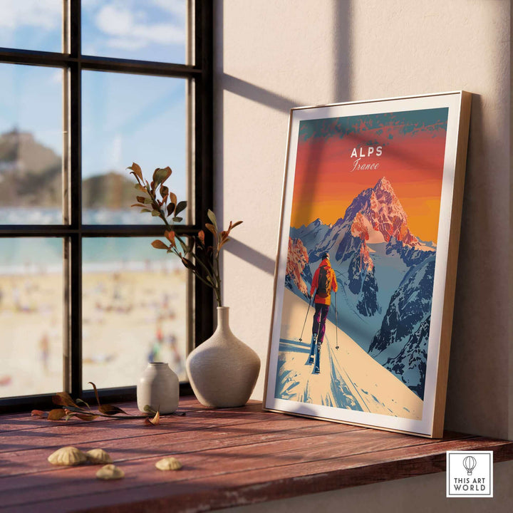 Alps Print France poster by a window showing vibrant French Alps ski scene, perfect for home or office decor.