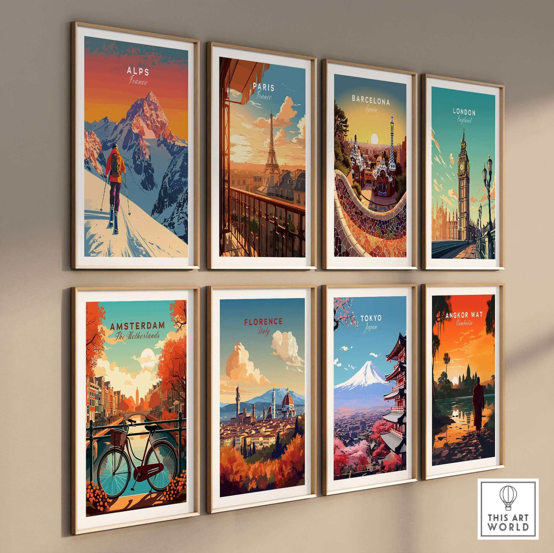 Collection of vibrant travel posters featuring iconic landmarks from the Alps, Paris, Barcelona, London, Amsterdam, Florence, Tokyo, and Angkor Wat.