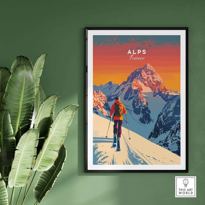 Vibrant Alps Print France ski poster in elegant frame, showcasing skier and snow-covered mountains under a colorful sky.