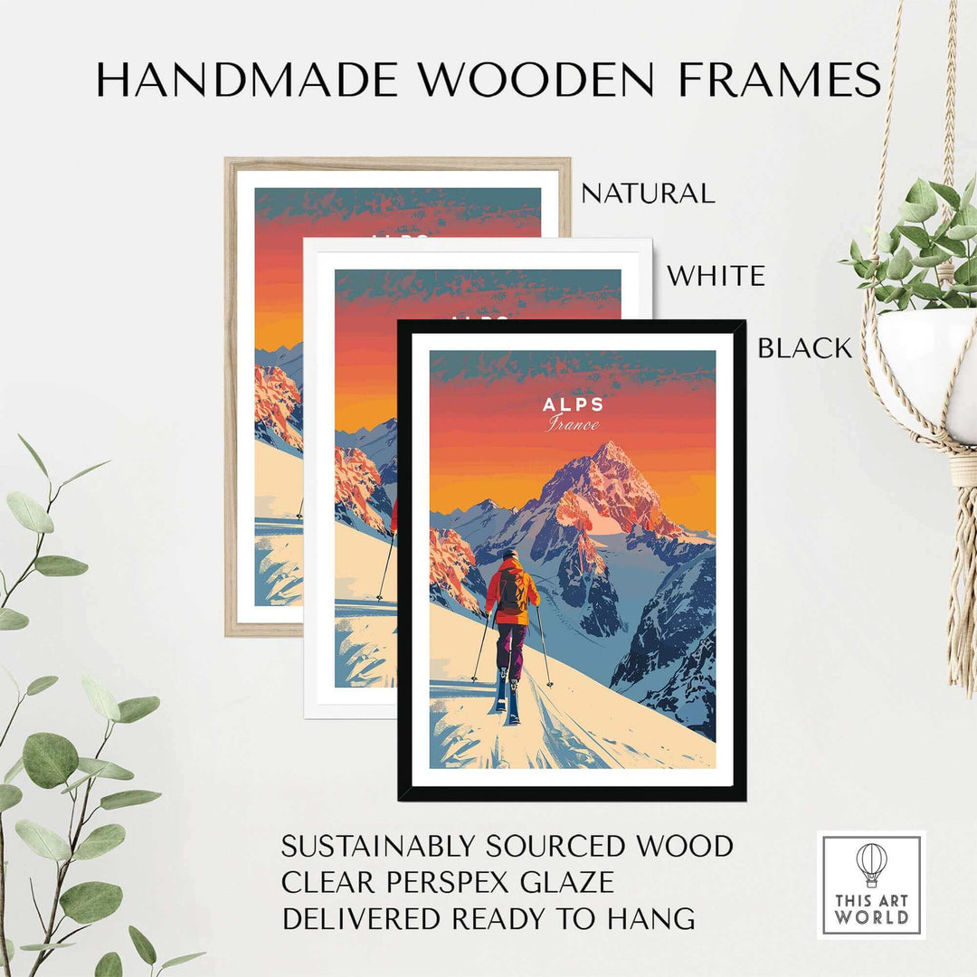 Alps Print France poster in handmade wooden frames with vibrant ski scene, available in natural, white, and black finishes