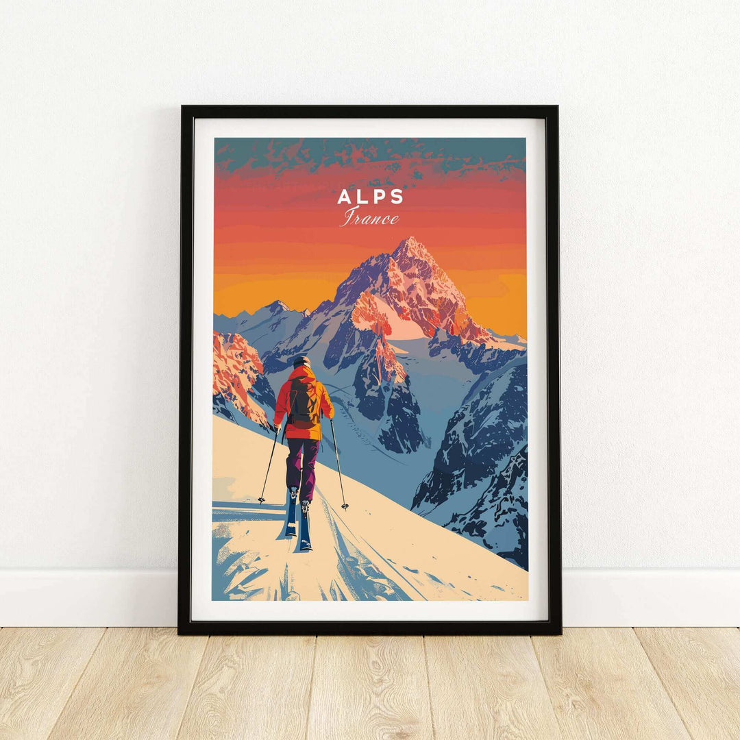 Alps Print France ski poster with skier on snowy mountain, vibrant sunset, perfect for travel and ski enthusiasts. Elegant home decor.