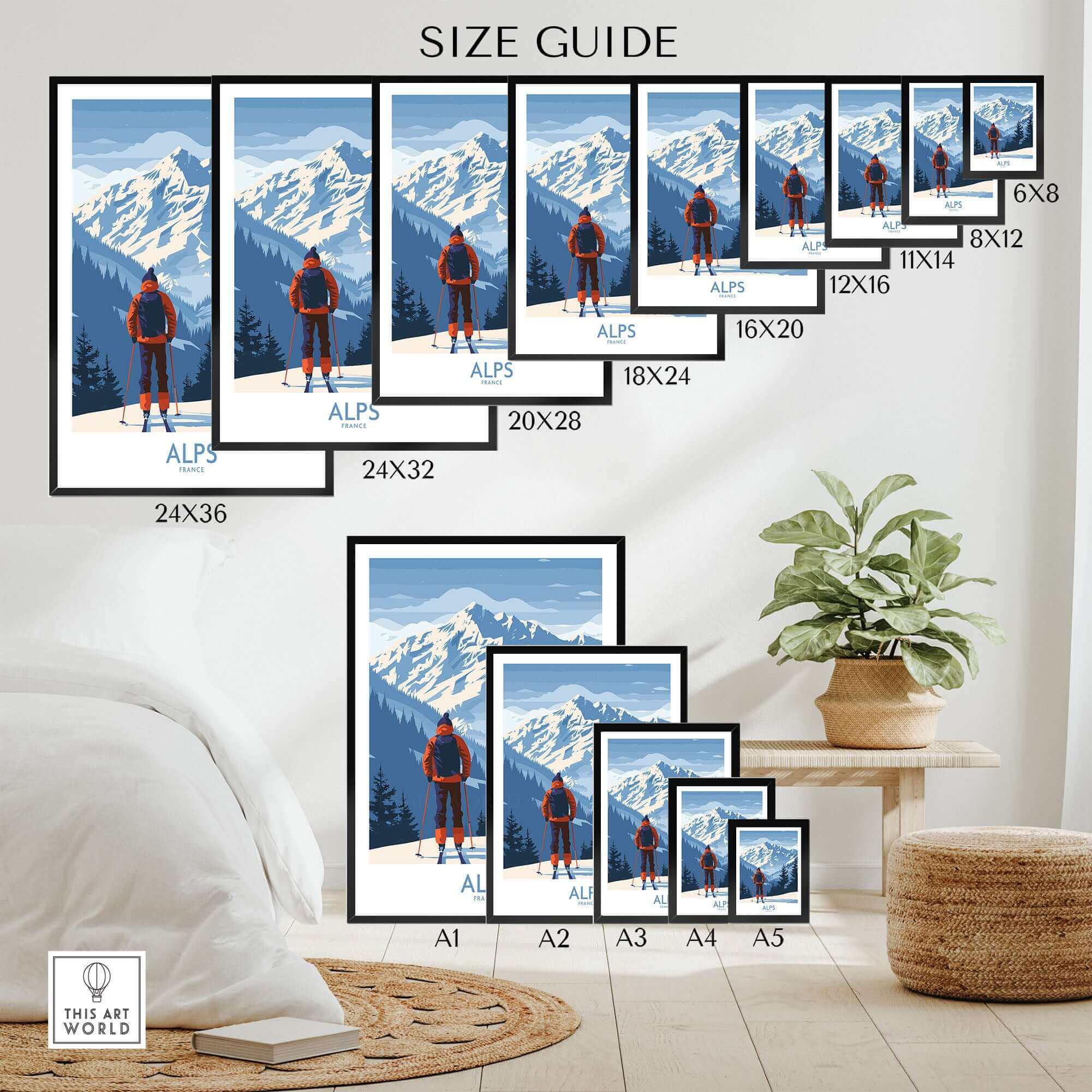 Size guide for Alps Ski Print featuring various frame dimensions in a stylish home setting. Perfect for skiing enthusiasts.