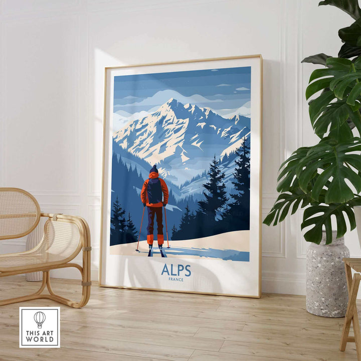 Alps Ski Print showcasing a skier against stunning snow-capped mountains in France, perfect for home or office decor.