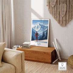Stylish Alps ski print showcasing snow-capped mountains and a skier, perfect for home decor or office inspiration.