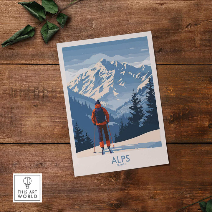 Alps Ski Print featuring a skier in front of snow-capped mountains, capturing the essence of skiing in France.