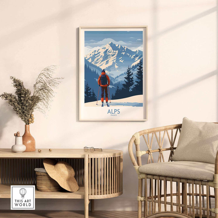 Alps ski print showcasing a skier against stunning snow-capped mountains, perfect for home or office decor.